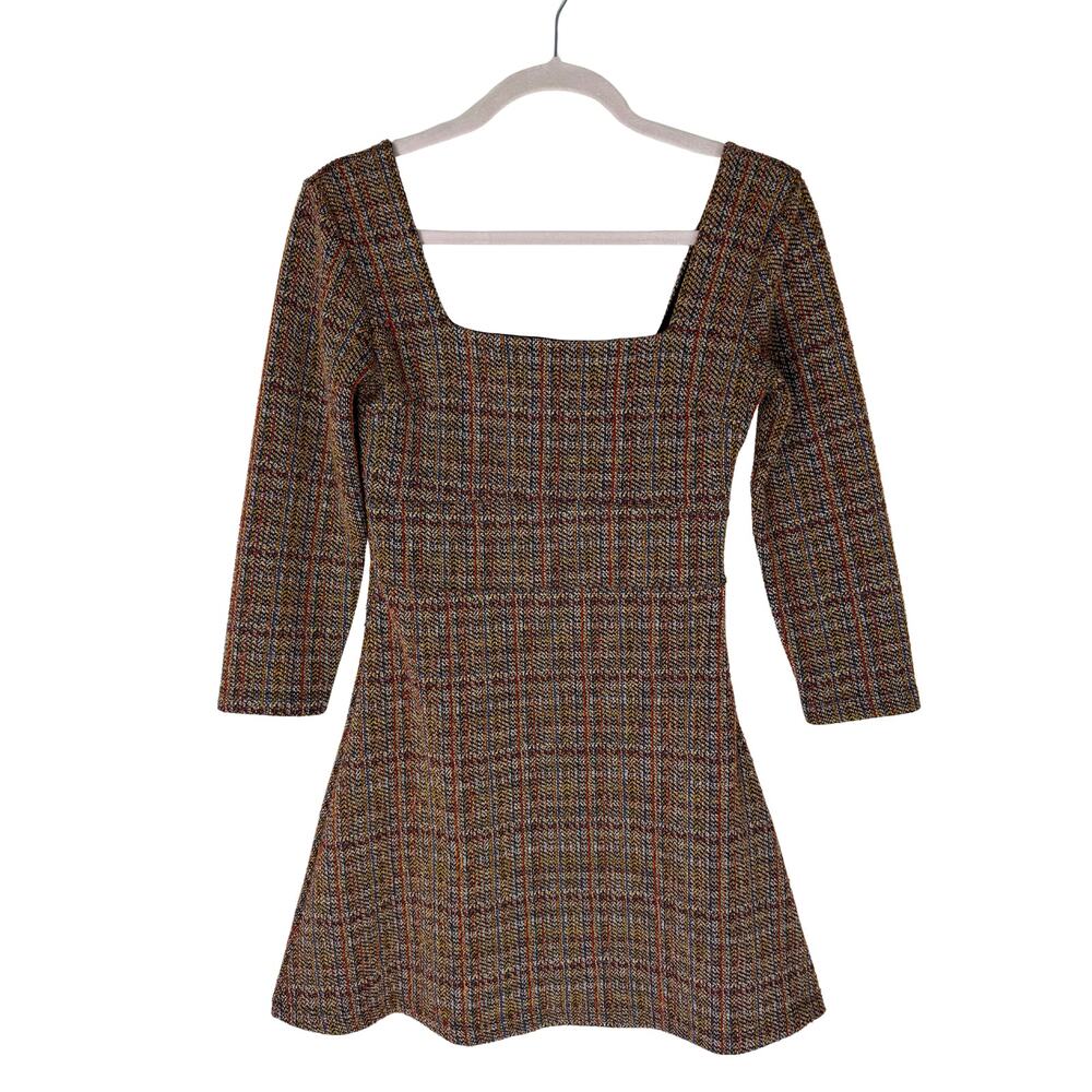 Free‎ People Uptown Girl Brown Plaid Tweed Square Neckline Mini Dress Size 2